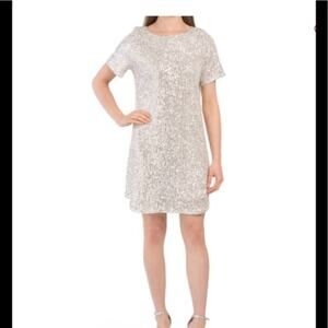 NEW 7 for All Mankind Short Sleeve Sequin Glitter Mini Dress Beige Silver Size S